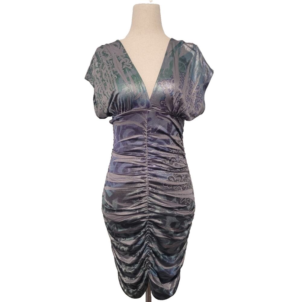 Y2K Metallic Ruched Babydoll Batwing Sleeve Dress S Grunge Tattoo Mcbling Club